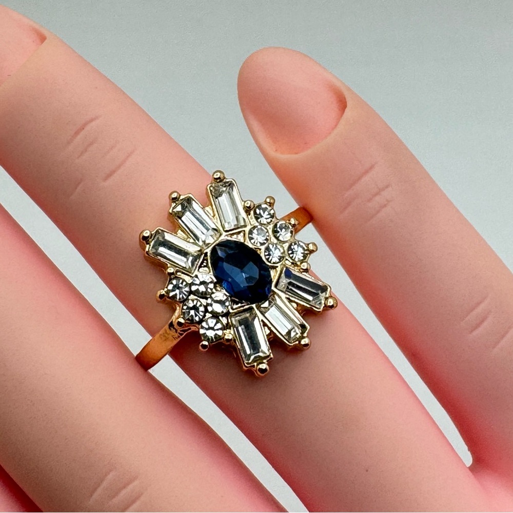Gold Tone Sapphire Blue CZ Cocktail Ring Baguette Halo Statement Art Deco Sz 8